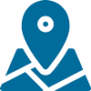 Blue map pin with white road lines and a small white location dot inside.