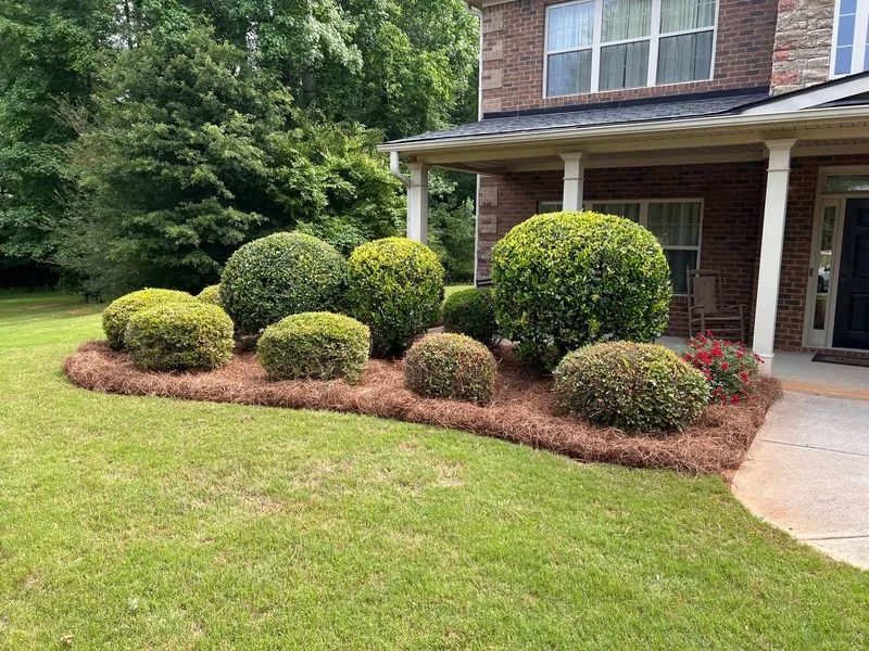 Landscaped front yard with trimmed shrubs, mulch beds, and a brick house porch