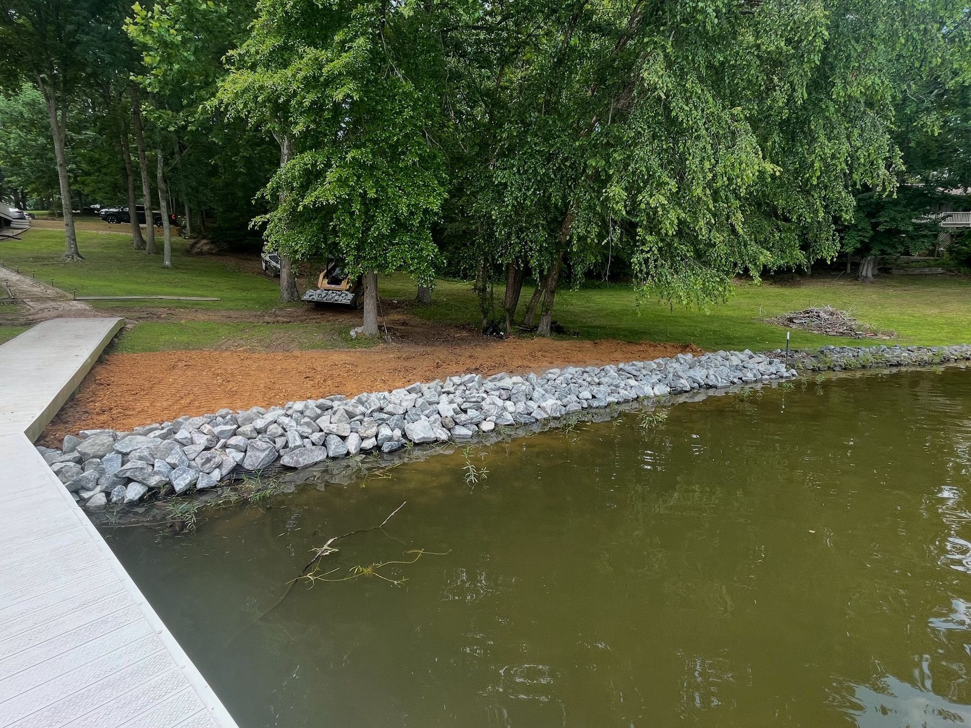 Rocky shoreline beside calm green water, with a large leafy tree and park path in the background