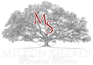Logo for Milton Shealy Funeral Home with dark red