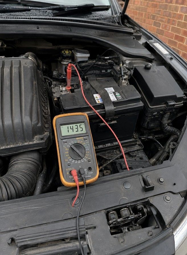 Mobile mechanic testing a car's charging system voltage at a home visit in Coventry