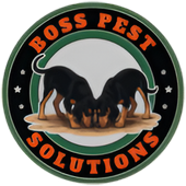 Boss Pest Solutions logo with two black dogs sniffing a tan mound on a green and black circular badge