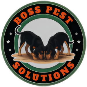 Boss Pest Solutions logo with two black dogs sniffing a tan mound on a green and black circular badge