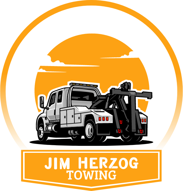 A logo for jim herzog towing with a tow truck