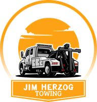 A logo for jim herzog towing with a tow truck