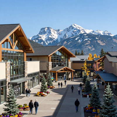 Mountain village shopping street with pedestrians and snow-capped peaks in the background