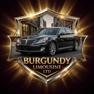 Burgundy Limousine Ltd logo with a black limousine inside a gold shield emblem