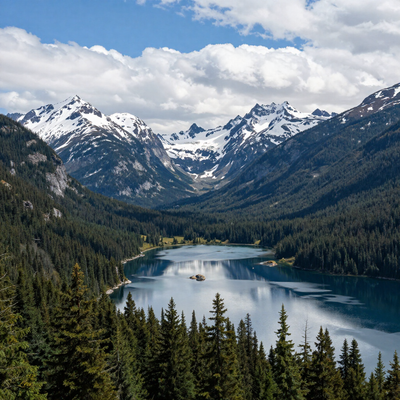 Snowy mountain peaks above a blue alpine lake surrounded by dense evergreen forest