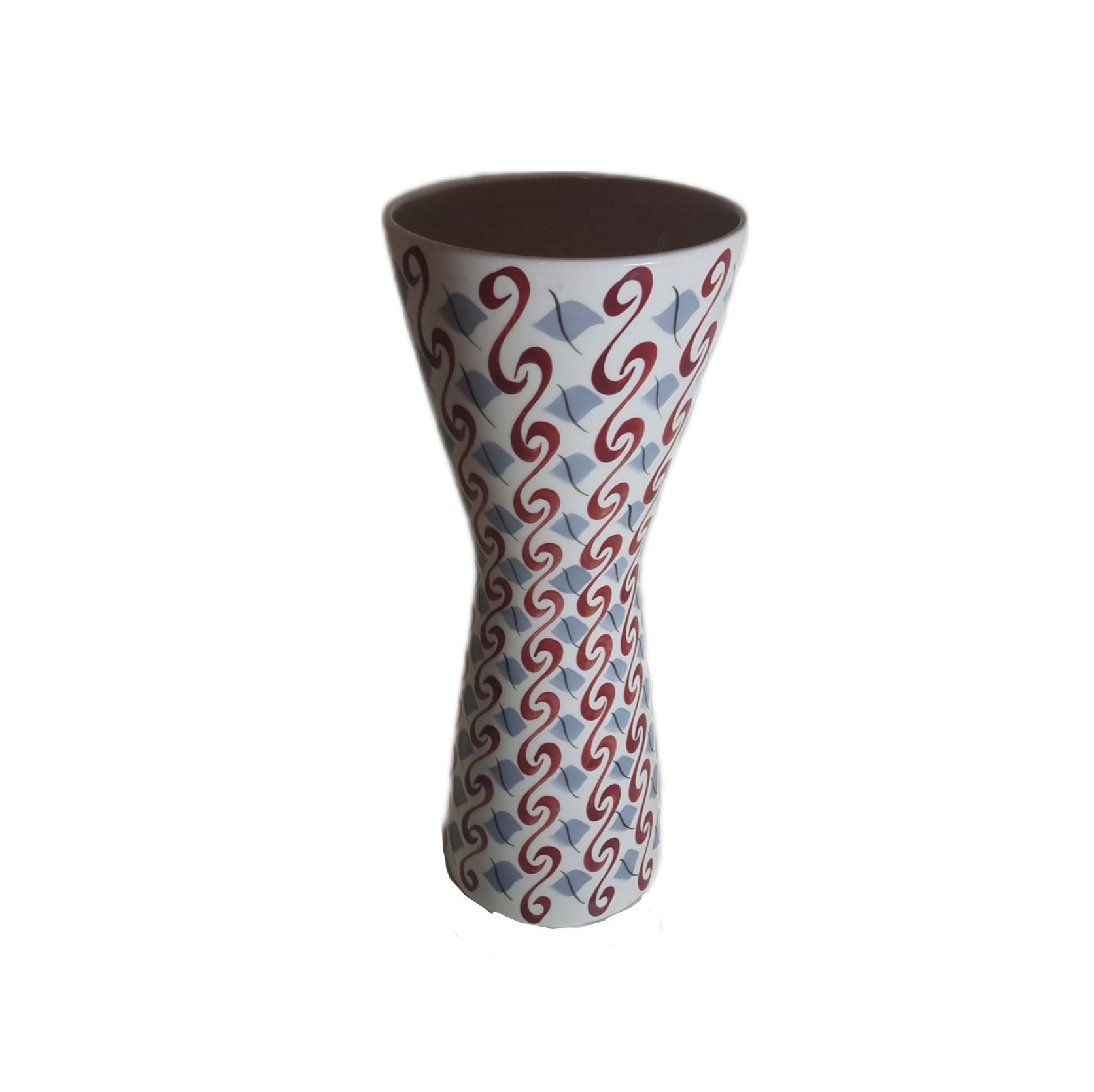 If your looking to add something really special to your existing Poole Pottery Collection or are simply looking for a superb decorators piece, this large 1950s Freeform vase in the very rare and desirable 'Scroll' pattern is for you. This attractive vase would certainly be the centrepiece of any room and would be a great conversation starter. It's timeless hour glass shape is wonderful. This stunner is in superb condition with no chips, cracks or crazing. It measures 31.5cm tall and has a dieameter of 13cm at it's widest point.