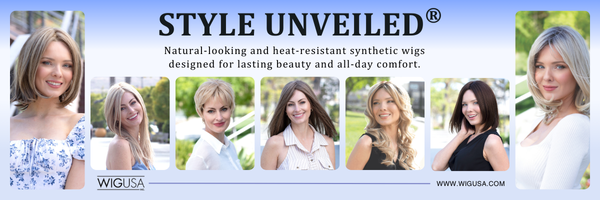 A banner for Style Unveiled showing seven diverse people modeling various synthetic wig styles outdoors.
