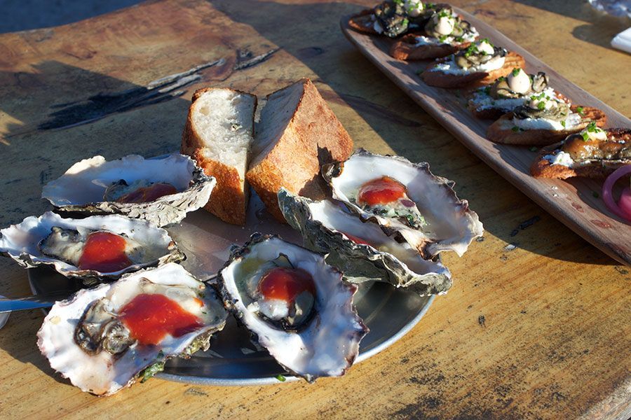 Fresh oysters on a plate with lemon wedges and bread on a wooden table outdoors