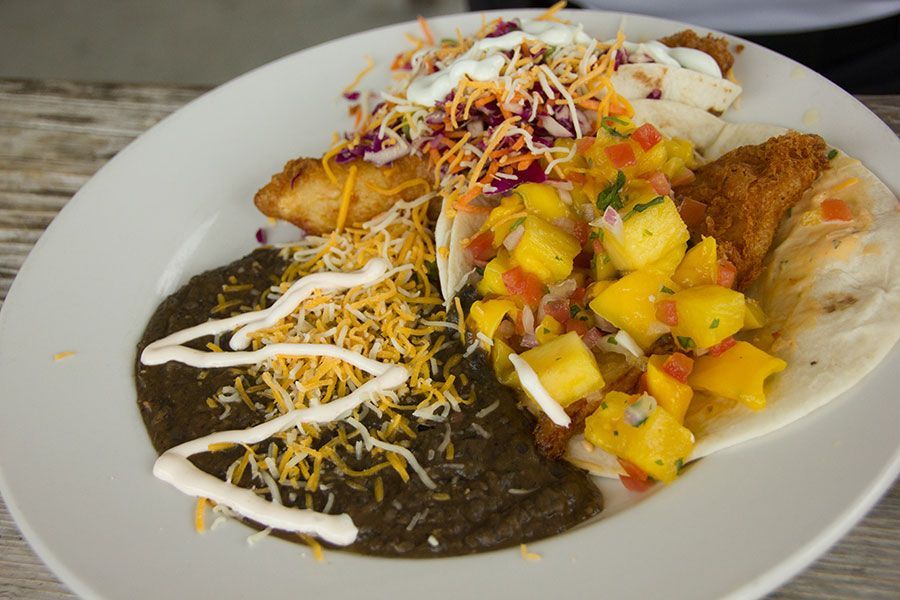 Plate of Mexican food with black beans, rice, tacos, and mango salsa topped with shredded cheese and crema