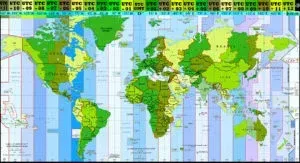 World map with color-coded time zones and country outlines