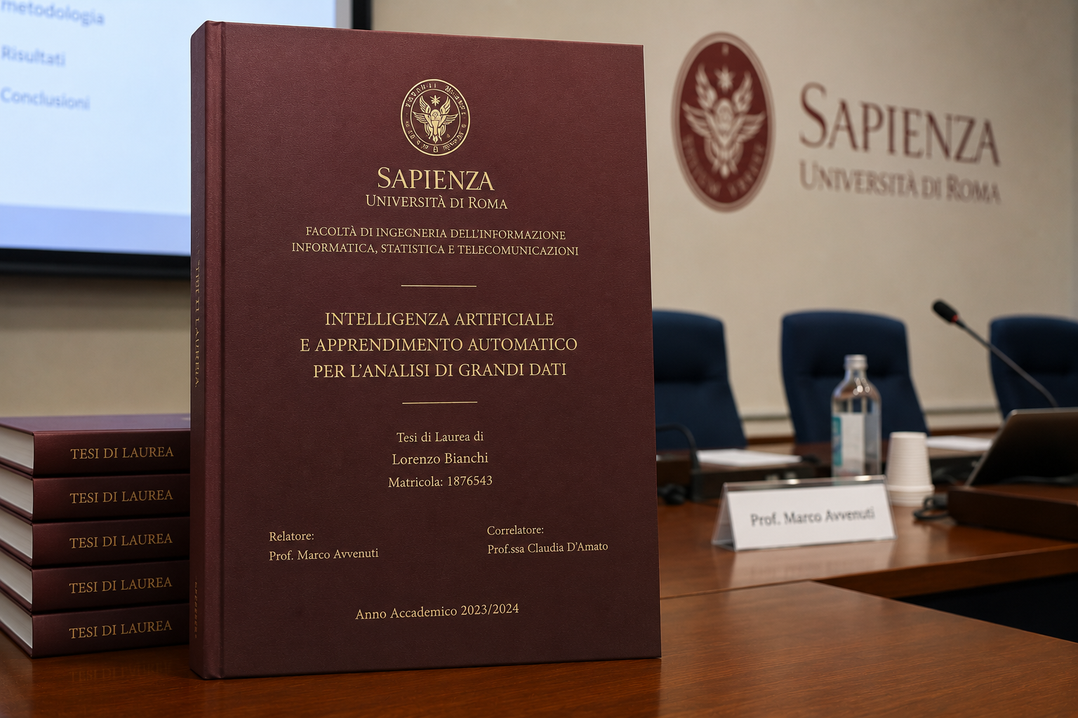 Tesi di laurea color bordeaux su un tavolo da conferenza all'Università Sapienza, con logo e pannello sullo sfondo.