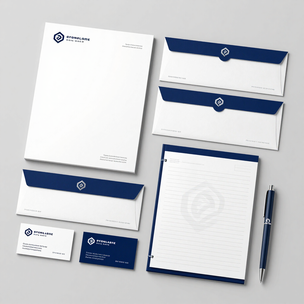 Set di cancelleria di marca blu e bianco con carta intestata, buste, biglietti, blocco note e penna su sfondo chiaro