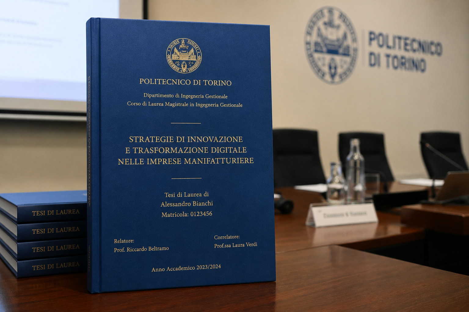 Un libro di tesi blu su un tavolo da conferenza al Politecnico di Torino, con pile di copie accanto.