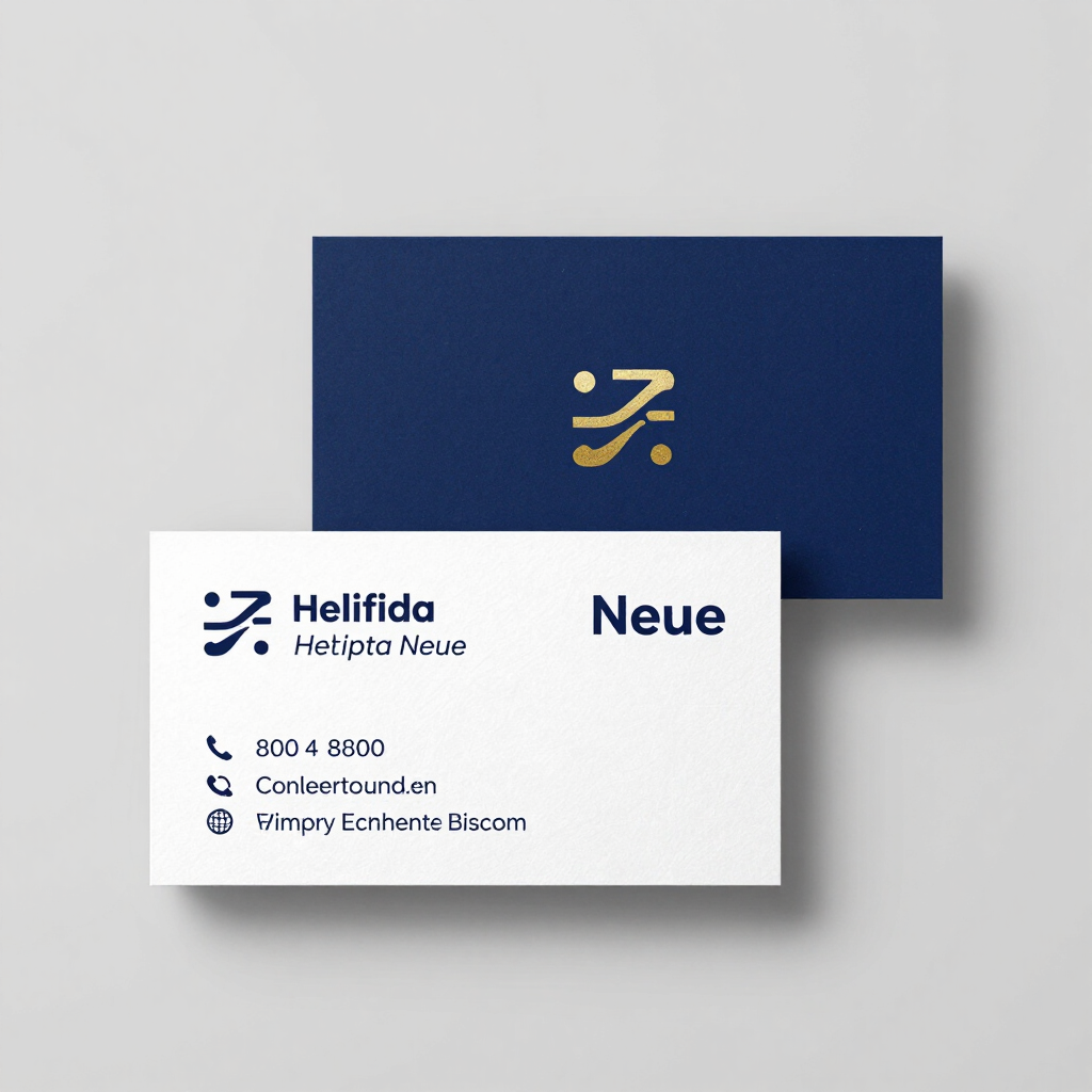 Due biglietti da visita minimalisti su una superficie grigio chiaro, blu navy e bianca con logo in oro e nero.