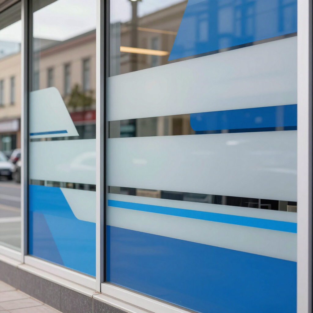 Vetrine del negozio in vetro blu e satinato con strisce bianche orizzontali