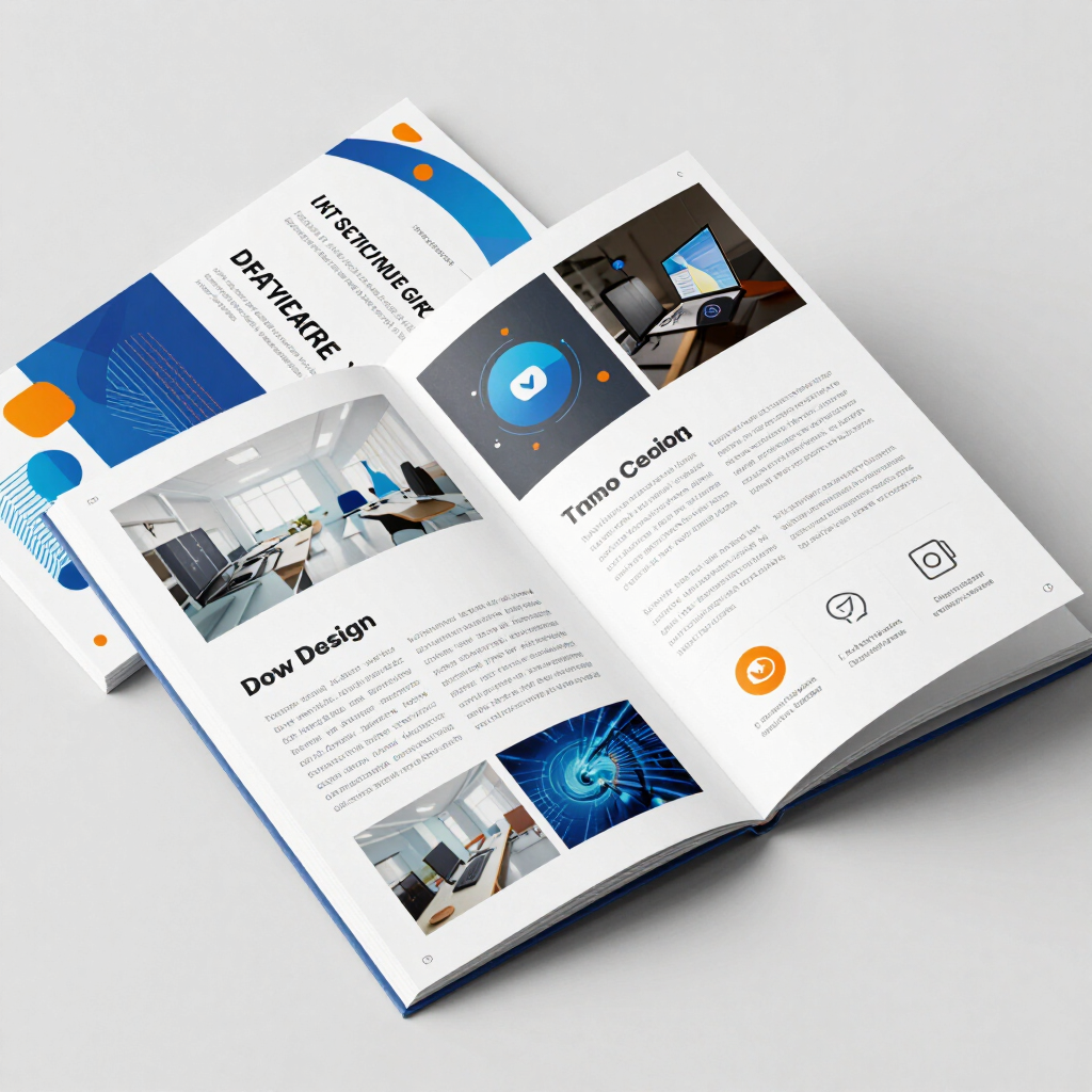 Apri la brochure con layout e foto aziendali in blu e bianco su sfondo chiaro.