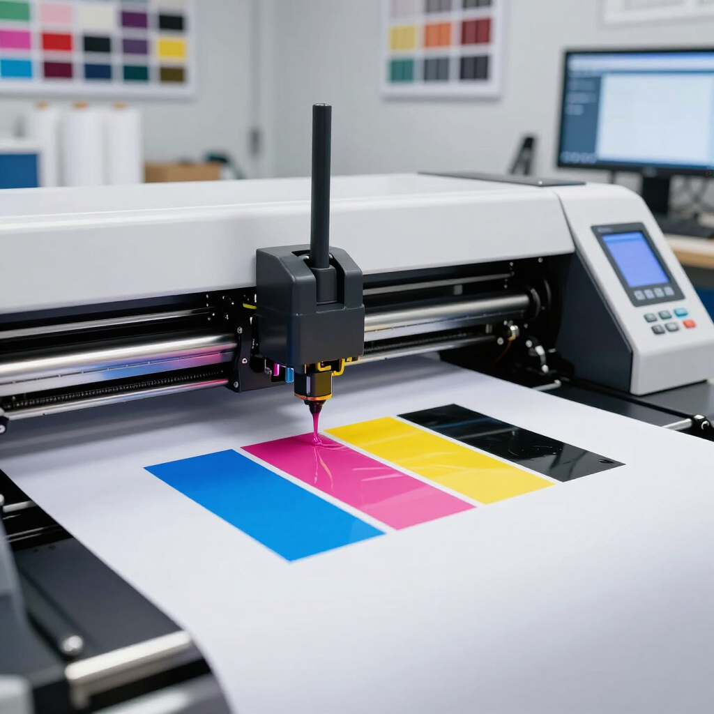 In una tipografia, una stampante di grande formato stampa campioni di colore CMYK brillanti su carta lucida.