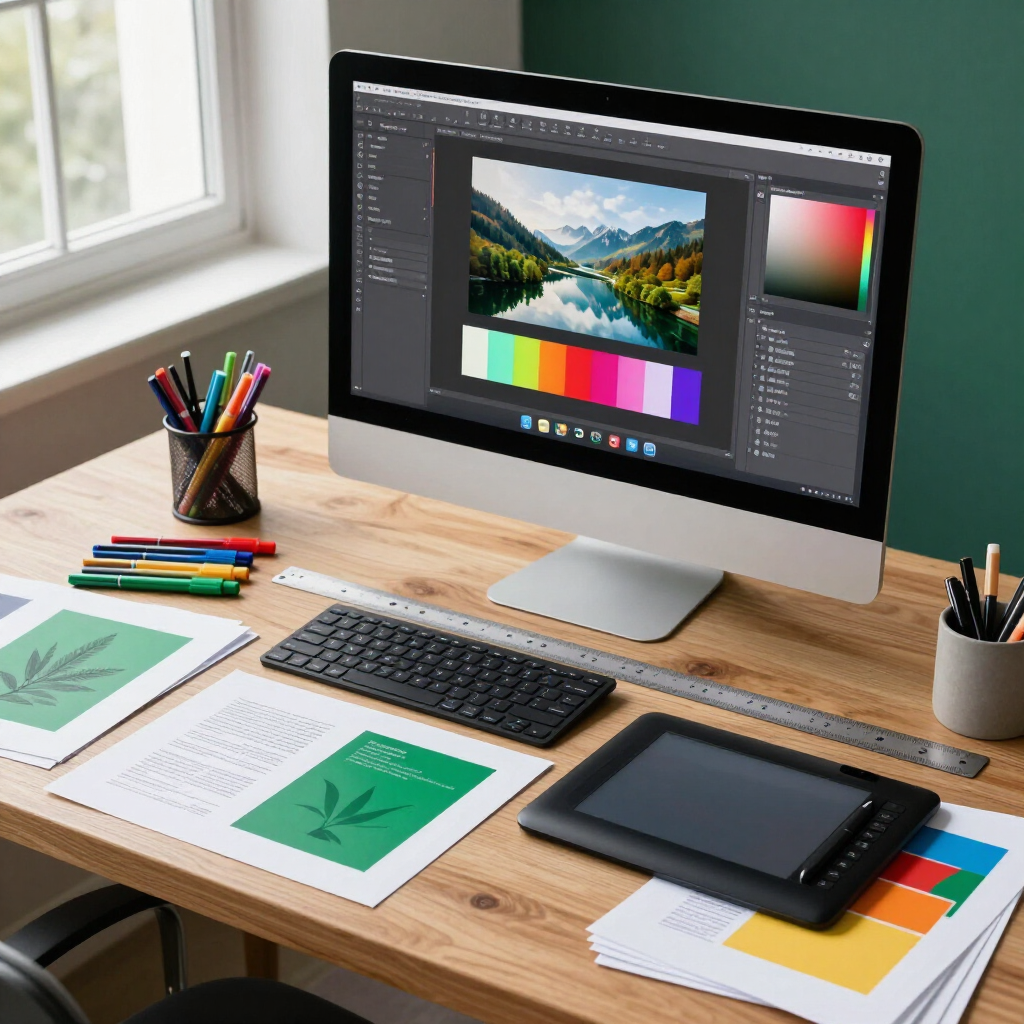 Scrivania creativa con iMac, tavoletta grafica, tastiera, campioni di colore e matite in uno spazio di lavoro luminoso.