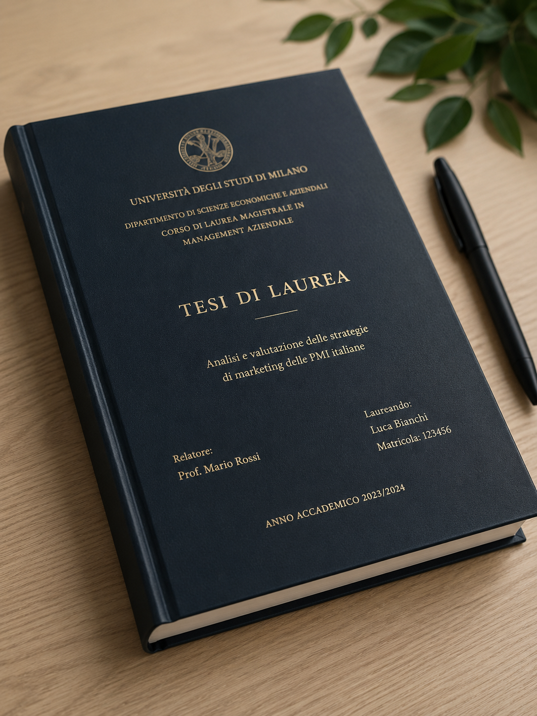 Un libretto di diploma blu scuro su una scrivania di legno con una penna e foglie verdi nelle vicinanze.