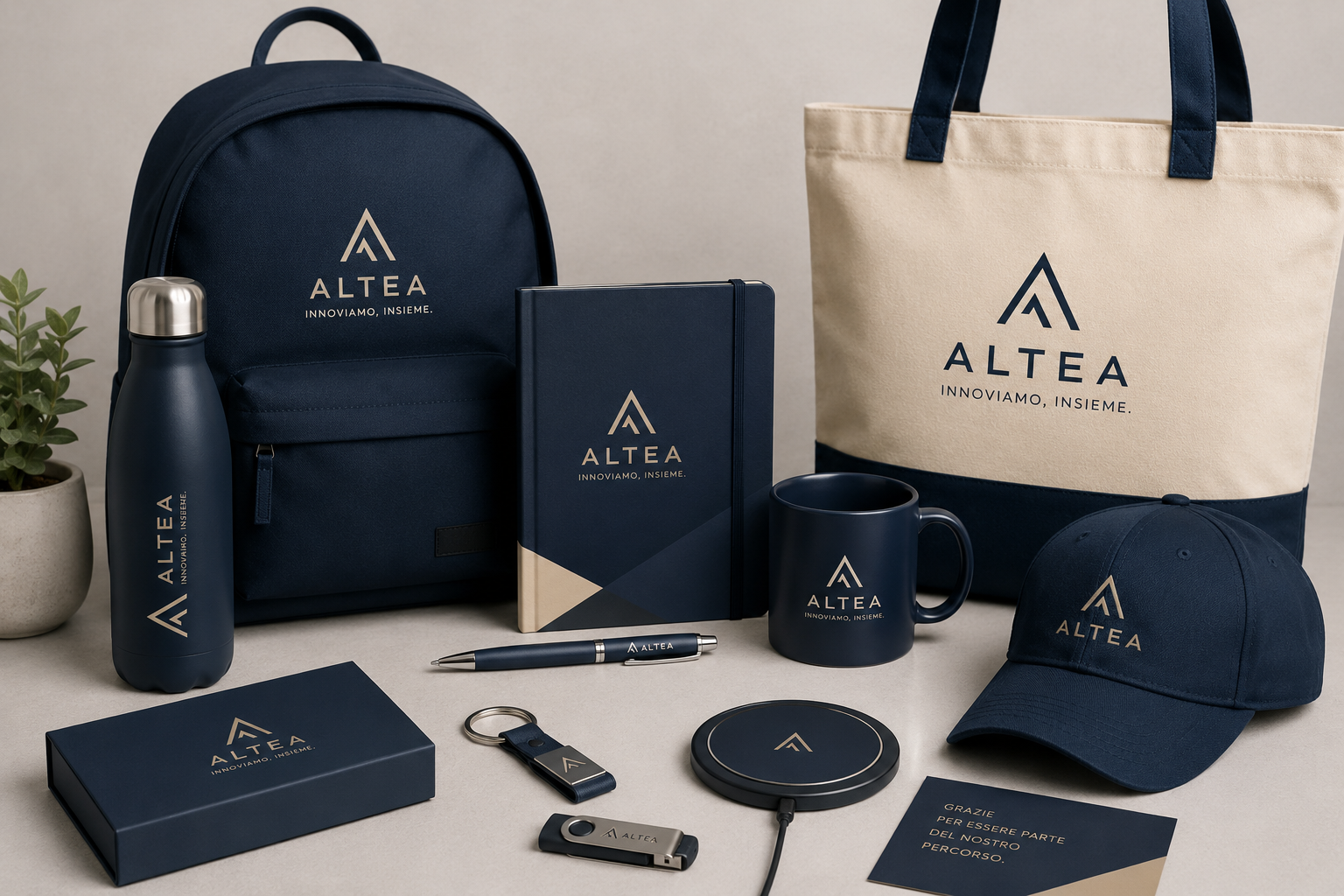 Set di merchandising ALTEA blu navy e beige con zaino, borsa, borraccia, tazza, cappellino e accessori.
