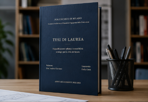 Un libro di tesi blu su una scrivania accanto a un portapenne, con degli scaffali sfocati sullo sfondo.