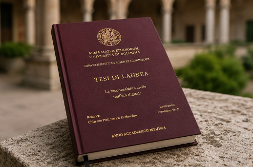 Tesi di laurea color bordeaux su una sporgenza di pietra all'aperto, con gli edifici del campus sfocati sullo sfondo.