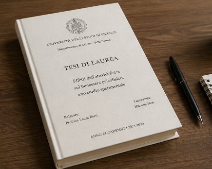 Un libretto di tesi bianco su un tavolo di legno accanto a una penna nera.