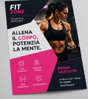 Fit Zone gym poster with woman training and Italian text: “Allena il corpo, potenzia la mente.”