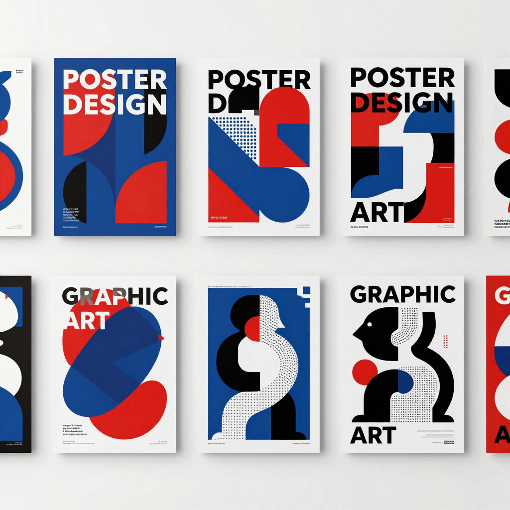 Griglia di audaci disegni grafici e di poster in rosso, blu, nero e bianco su sfondo bianco