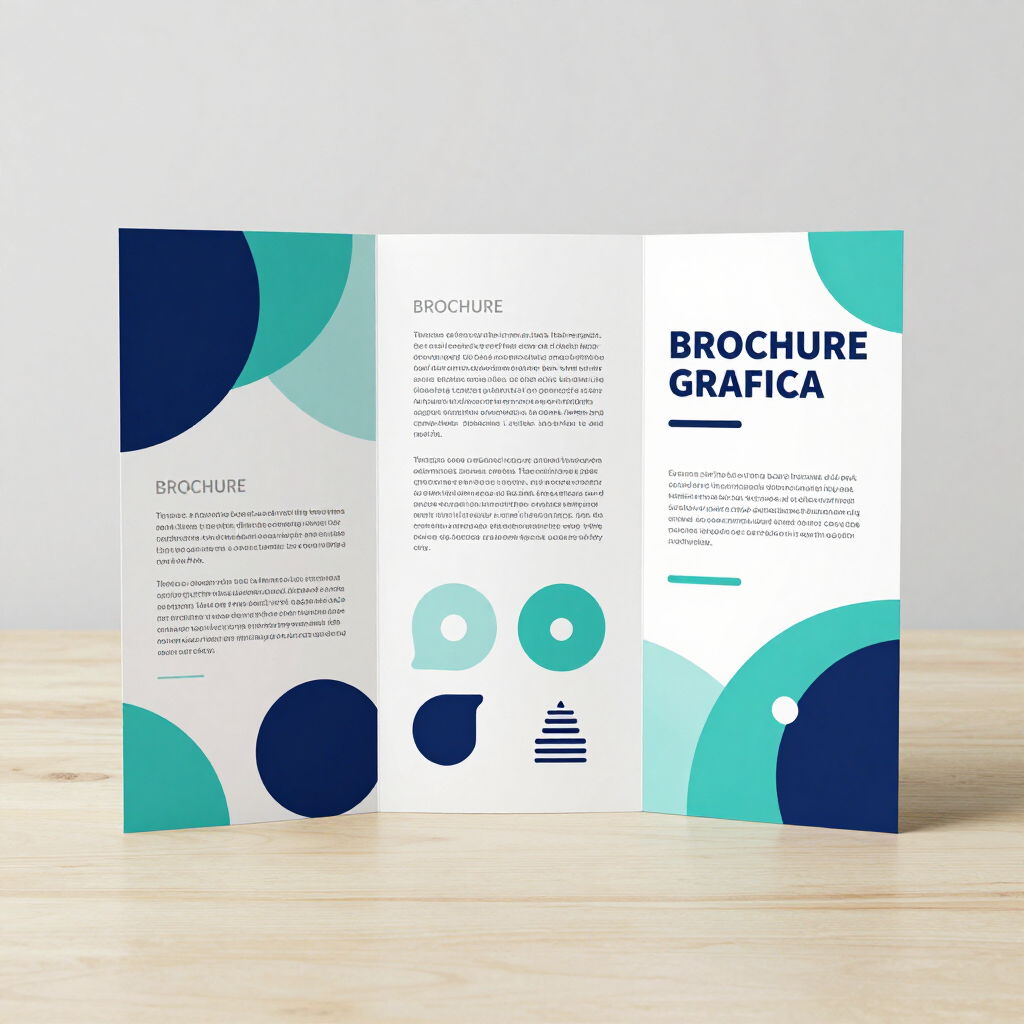 Modello di brochure a tre ante con design geometrico nei toni del verde acqua, blu navy e bianco su una superficie in legno.