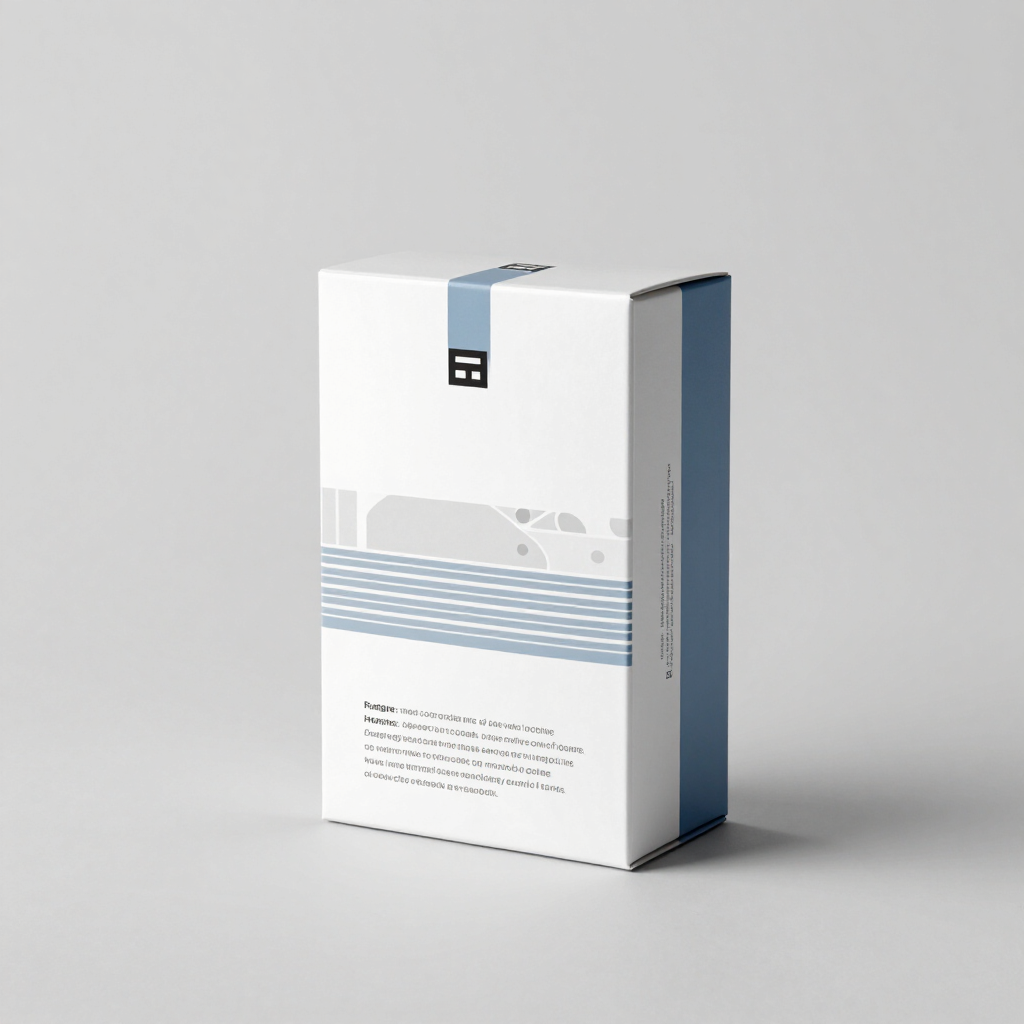Confezione del prodotto bianca e blu su sfondo grigio, dal design minimalista.
