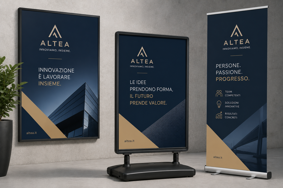 Tre striscioni promozionali Altea di colore blu scuro con dettagli dorati, esposti all'interno su appositi supporti.
