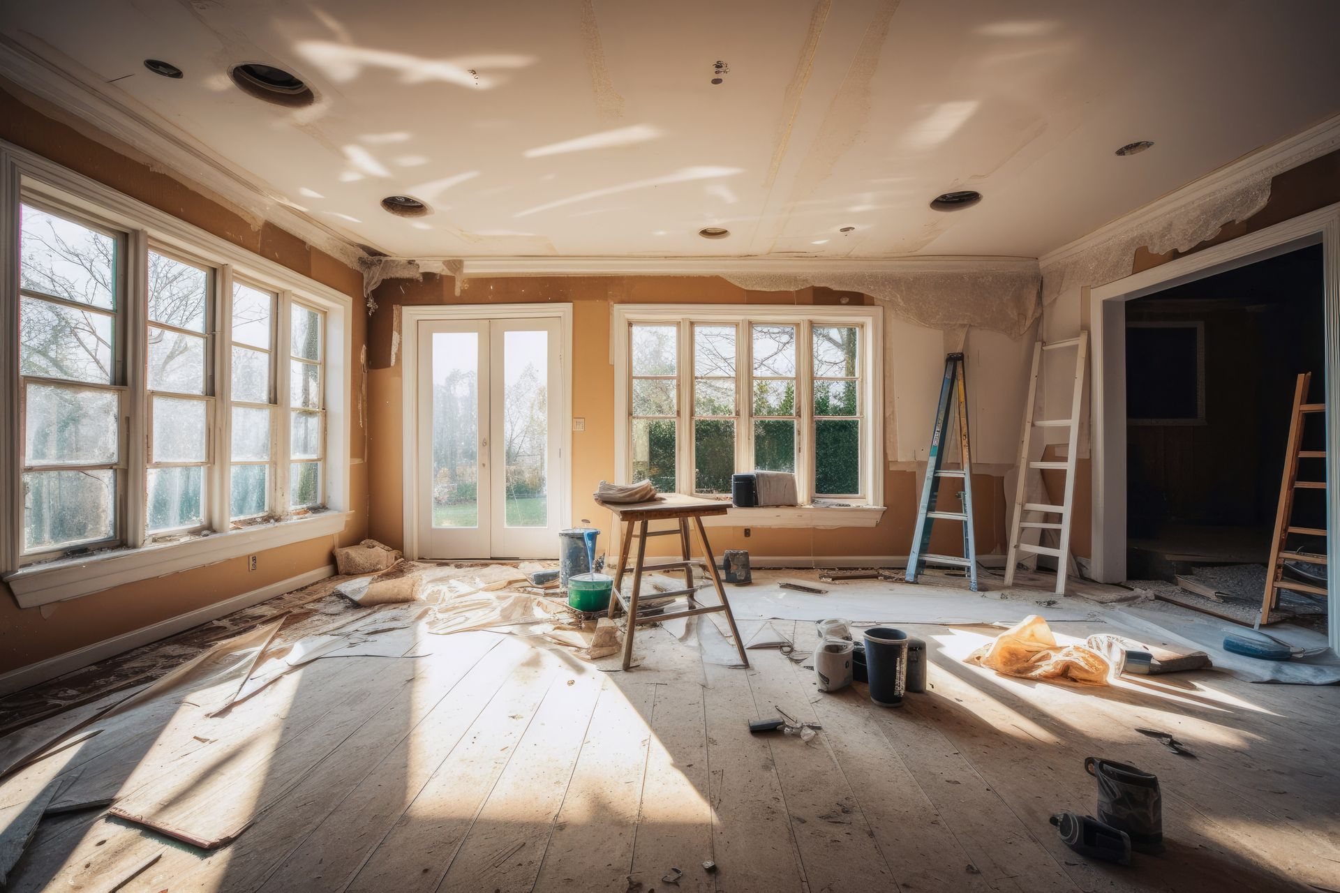 Room under renovation: paint cans, ladders, and tools on the floor. Sunlight streams through windows and doors.