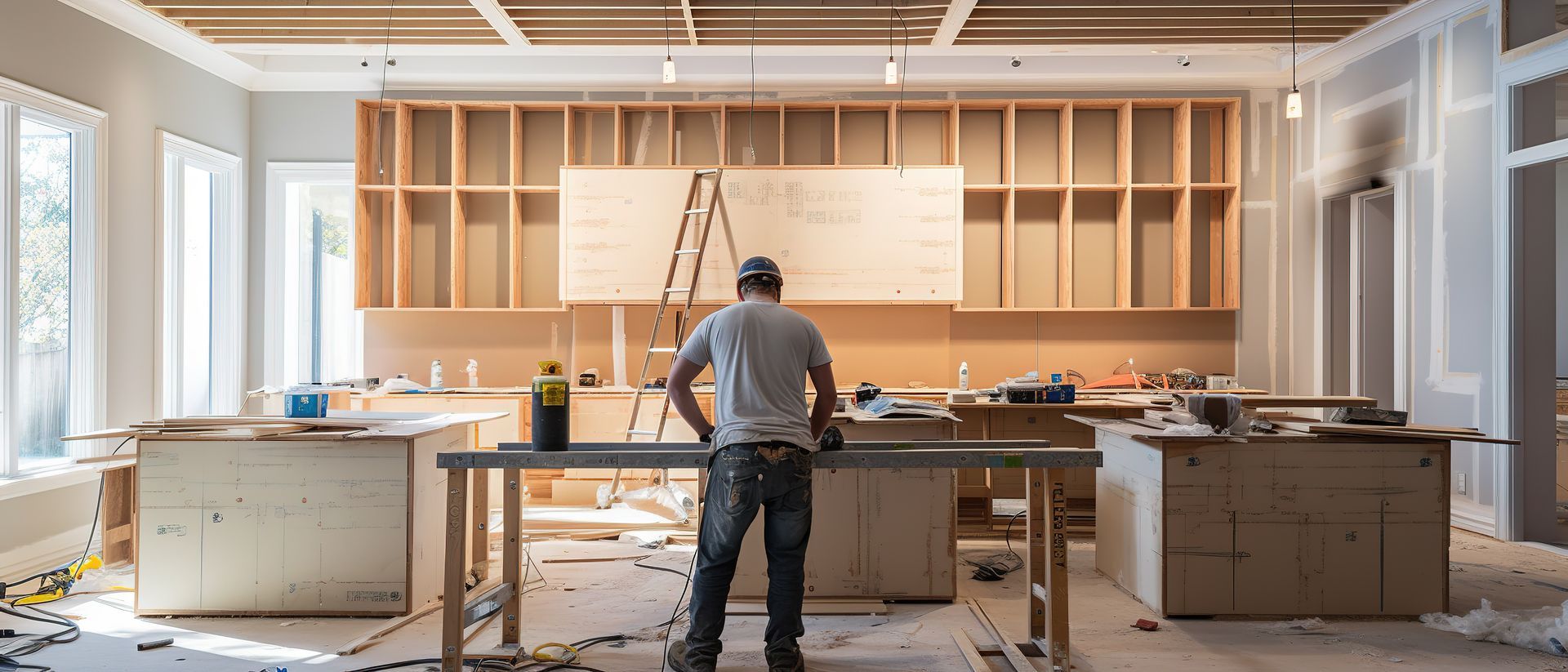 A construction worker stands in a room under renovation, looking at a workspace, surrounded by building materials.