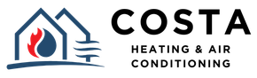 Costa Heating & Air Conditioning logo with house outline, flame, and blue air lines in navy and red.