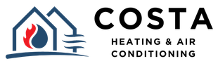 COSTA Heating & Air Conditioning logo with a house icon and red flame in blue and red