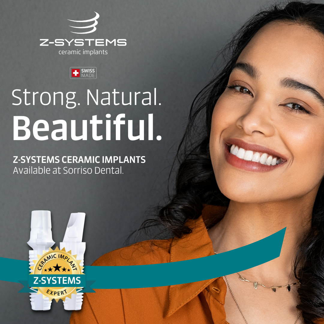 A woman is smiling in an advertisement for z-systems ceramic implants