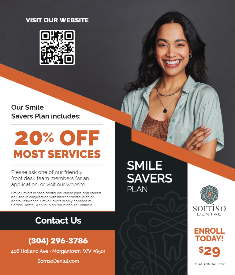 Get 20% off most dental services with our Savers Plan | Natural Dentist in Morgantown WV A woman is smiling on a flyer for a dental office.