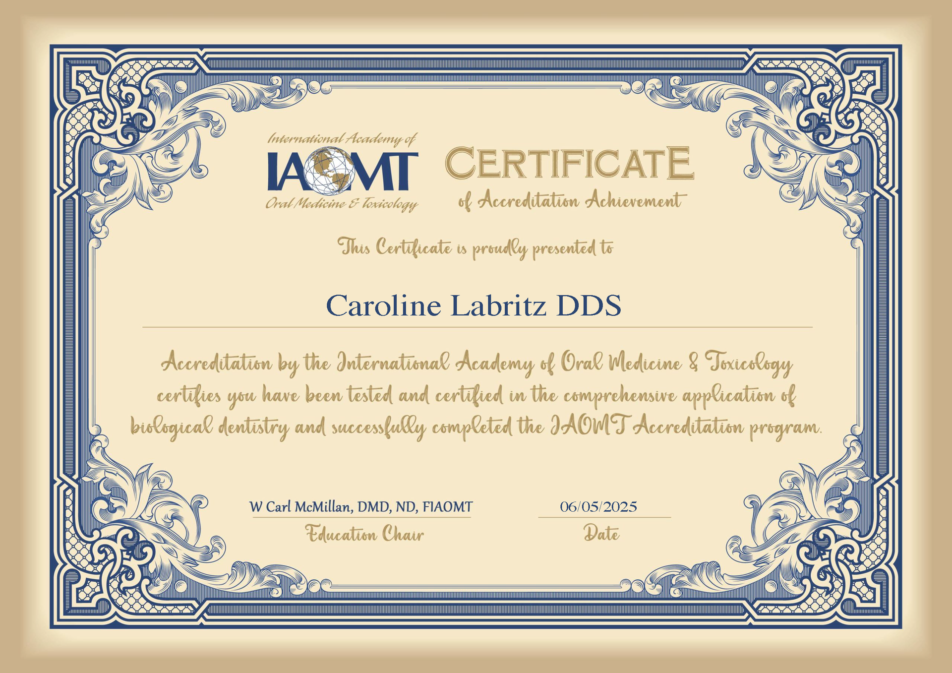 A certificate that says caroline labritz fds on it
