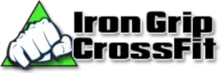 Iron Grip CrossFit logo with a green triangle and white fist icon beside black text.