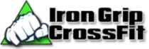 Iron Grip CrossFit logo with a green triangle and white fist icon beside black text.