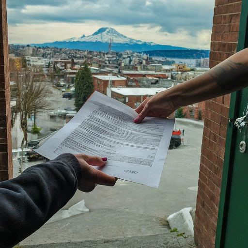 Process server delivers legal documents with Mt. Rainier in the background.