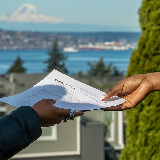 Process server hands defendant legal papers with the Puget Sound in the background