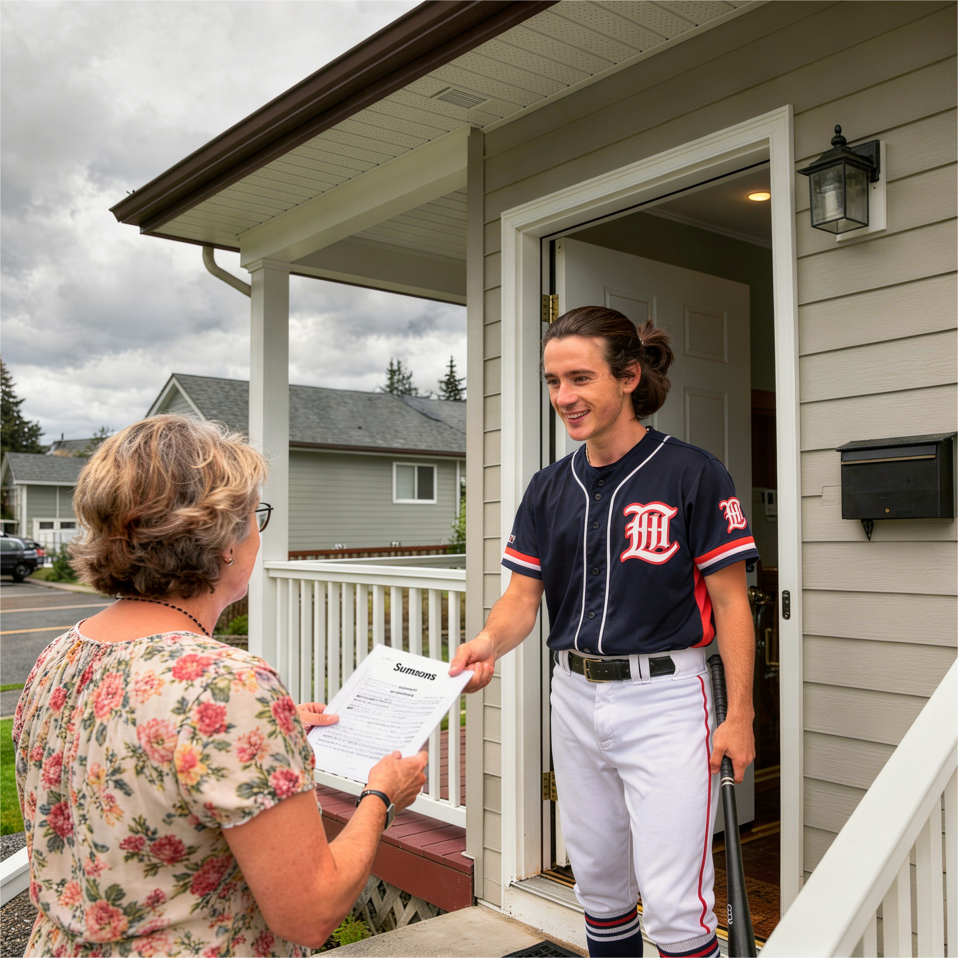 A middle-aged woman is handing legal documents to a man at the side door of a house