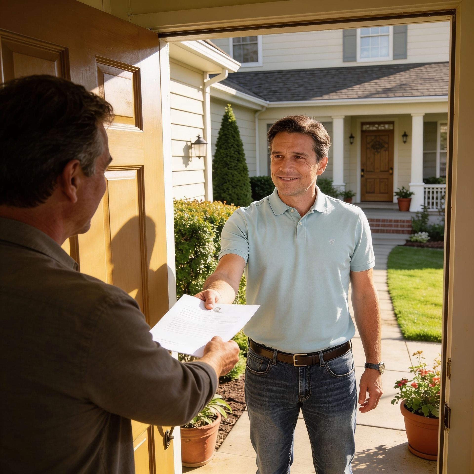 A professional, friendly process server is handing legal documents to a resident in Mill Creek, WA
