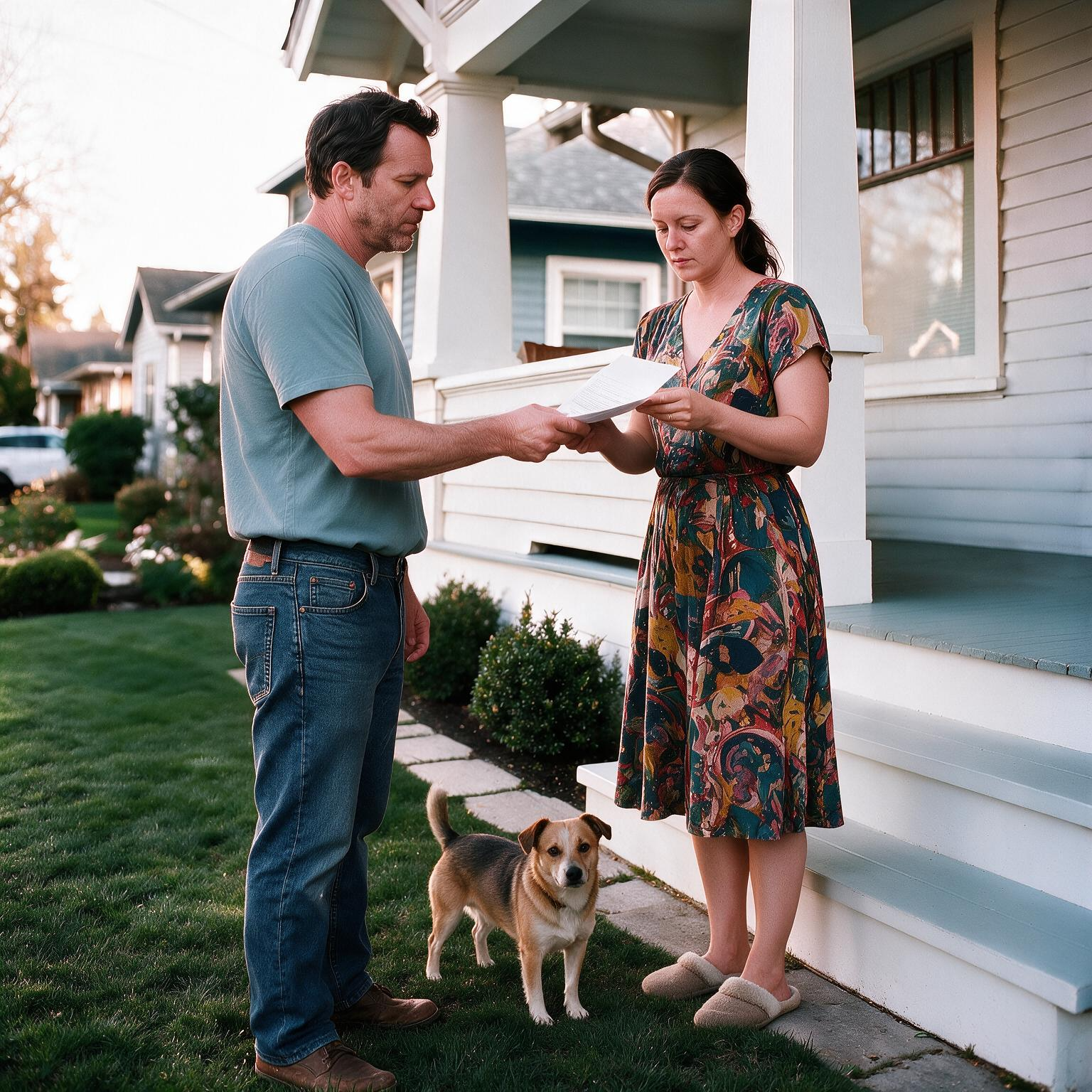A professional process server is serving a respondent with legal documents in front of her house in Everett, WA, Snohomish County