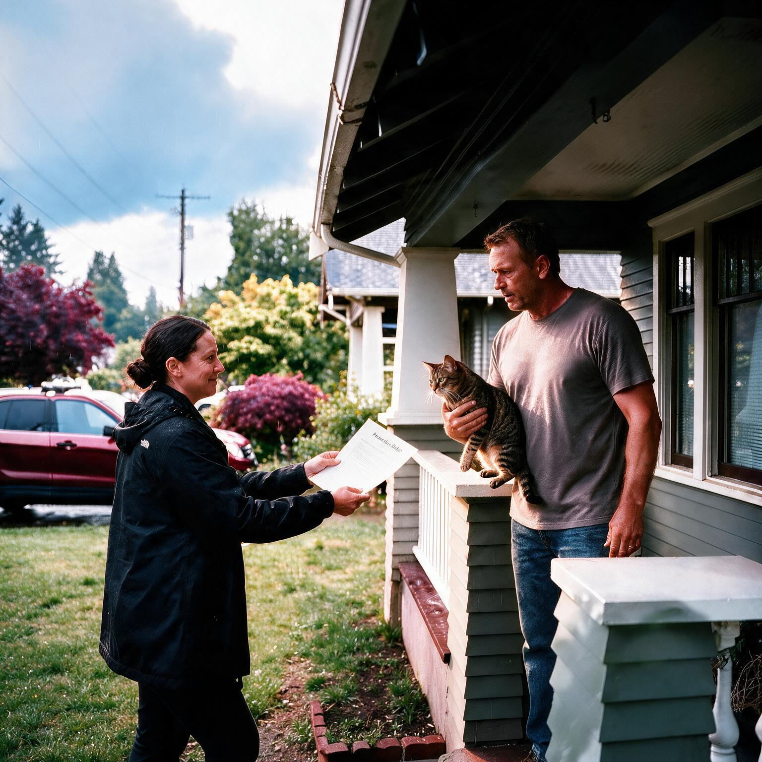 Process server serving Protection Order response on the front porch of a house in Bothell, WA